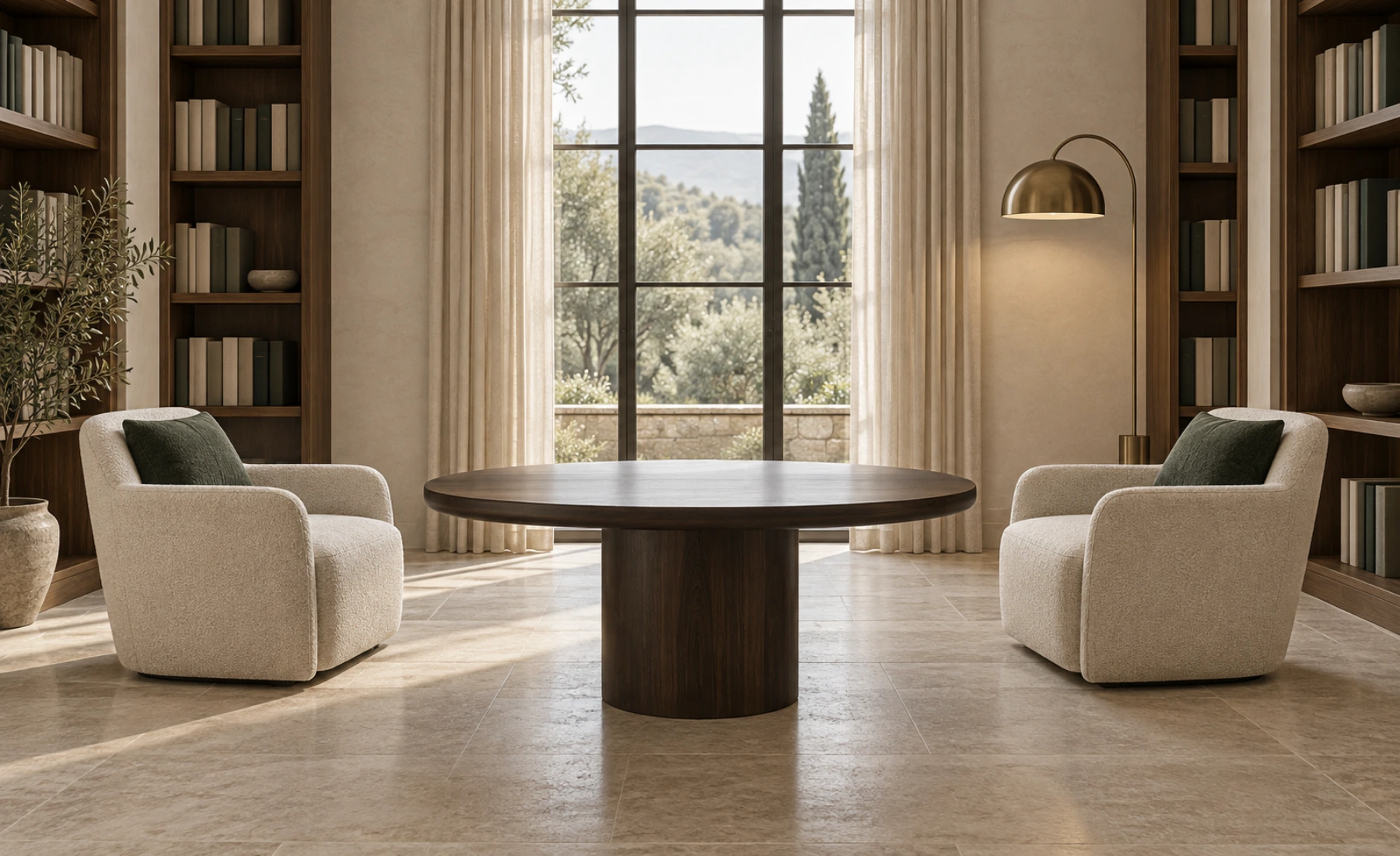 Conceptual consultation interior with two upholstered chairs, an oval table and tall bookshelves.