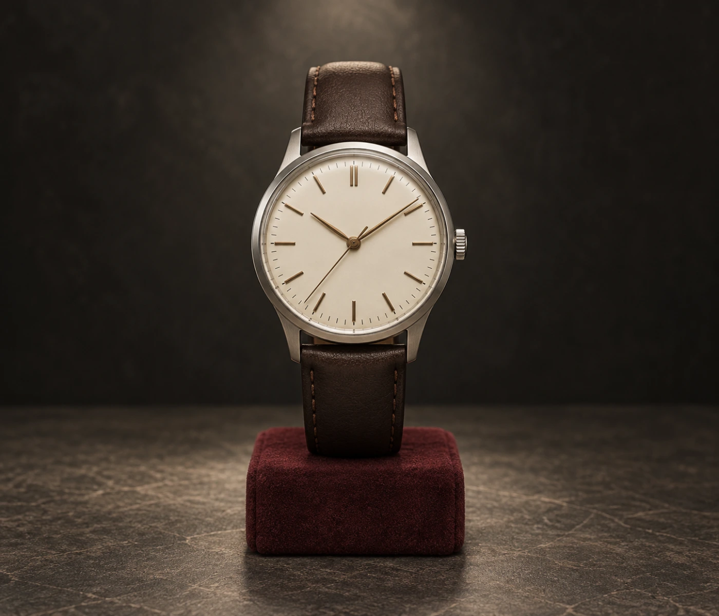 Ivory-dial wristwatch with a brown leather strap displayed upright on burgundy suede.