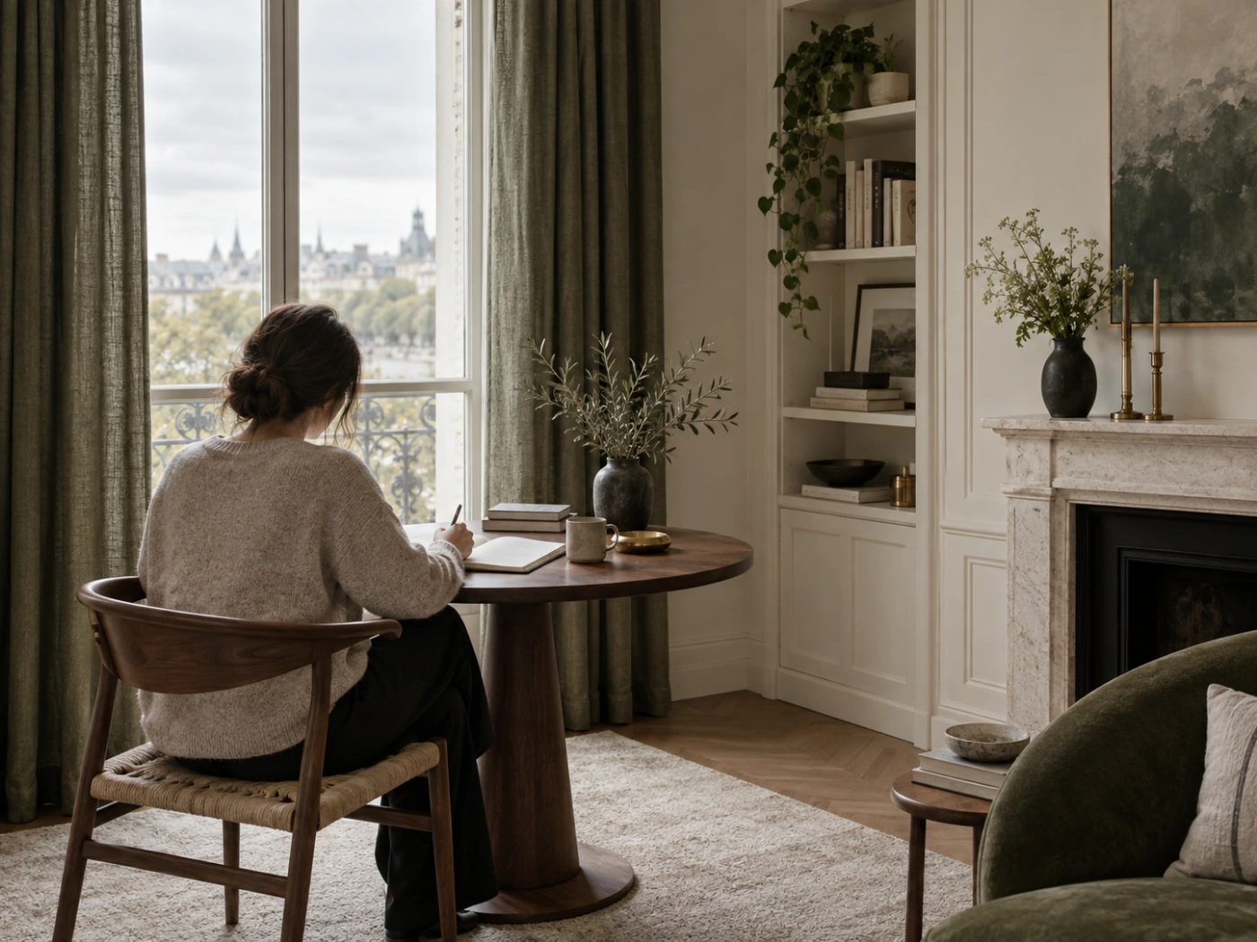 Person seated beside a window writing a brief in an open notebook.