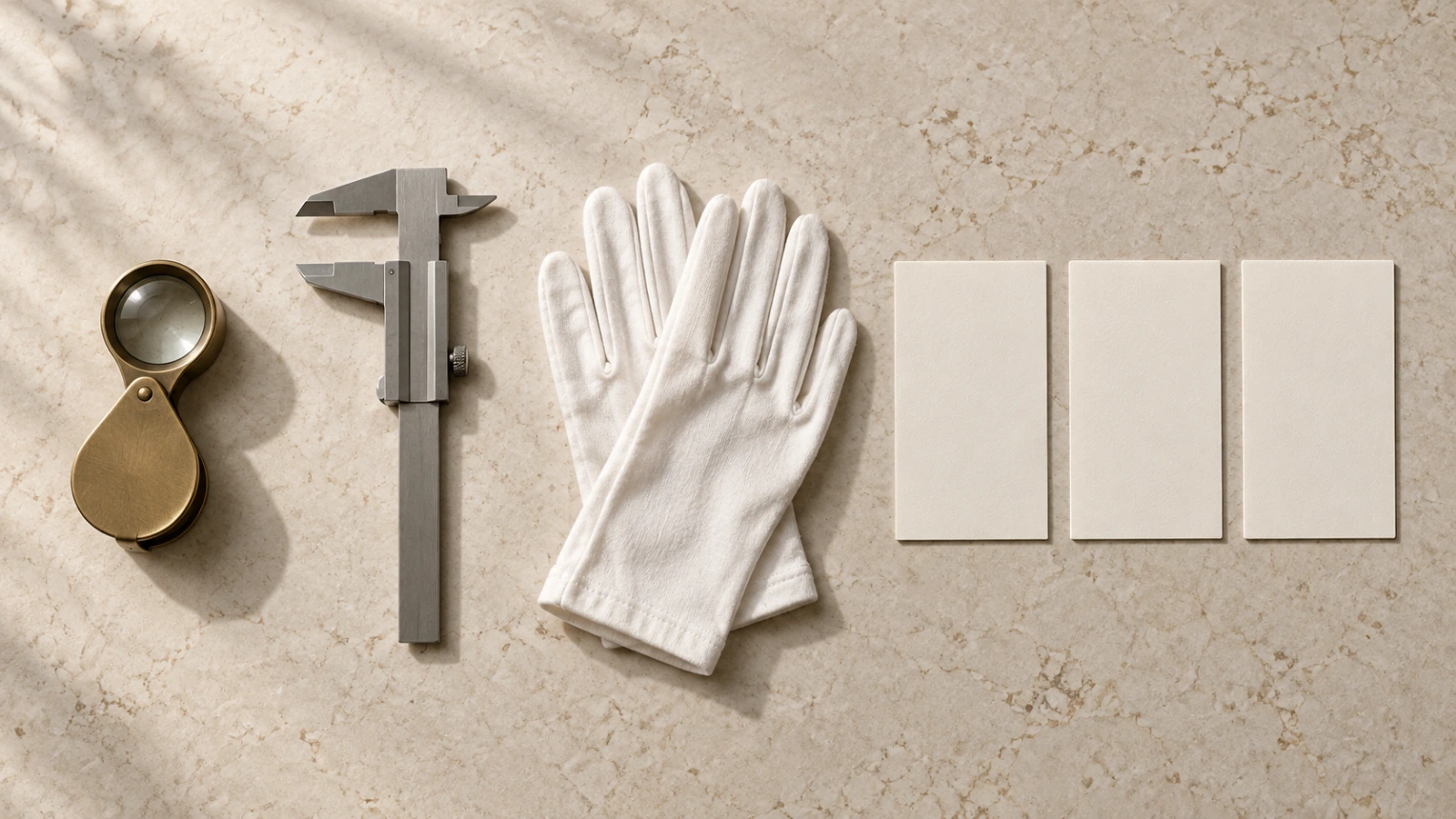 Loupe, measuring calliper, cotton gloves and blank specification cards arranged on pale stone.